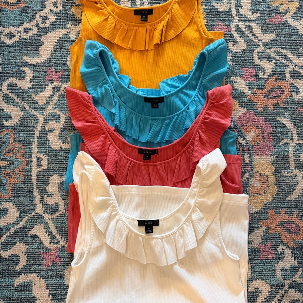 J. Crew Ruffle-Neck Ribbed Tank in White, Coral, Turquoise & Mustard